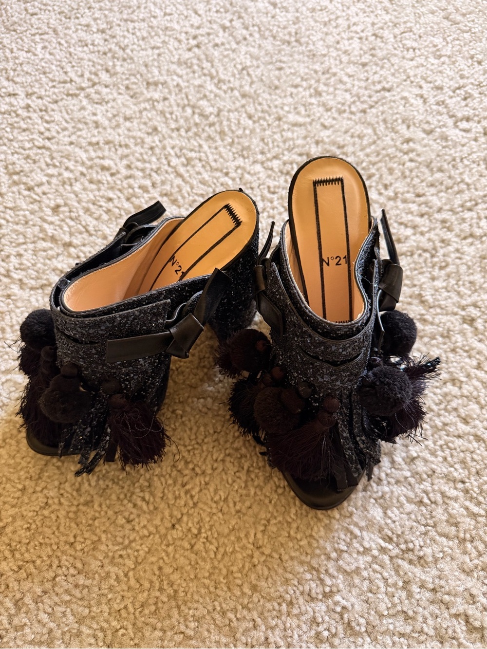 Black Embellished Pom-Pom Mules N•21